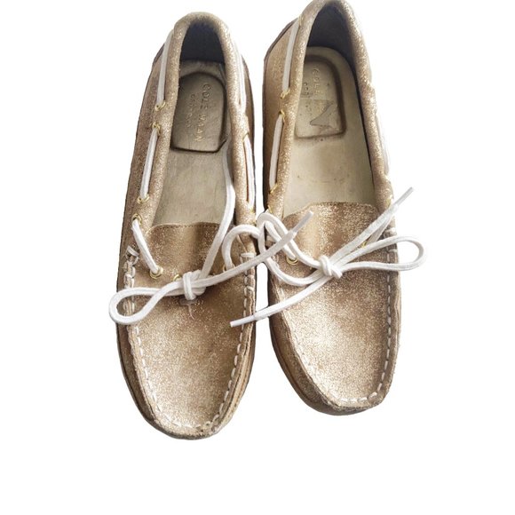 Cole Haan Loafers Bow Gold Suede Leather Slip Ons - Picture 1 of 6